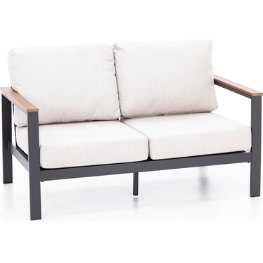 Hixon Loveseat in Dark Gray with Antique Mahogany and Echo Ash Cushion