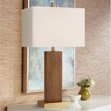 Wood and Brass Column USB Table Lamp 29"H