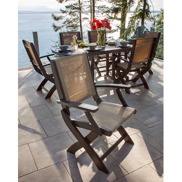 Coastal Sling Folding Dining Arm Chair in Slate Grey with Metallic Sling