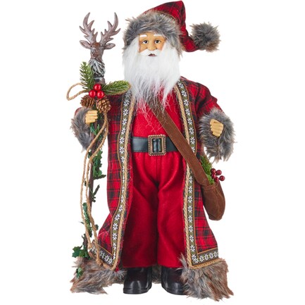 Santa with Reindeer Staff Figurine 18"H