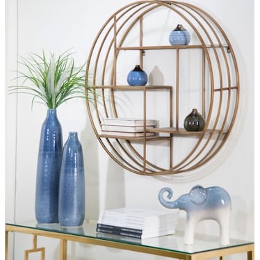 Round Bronze Metal and Wood Wall Shelf 32"H