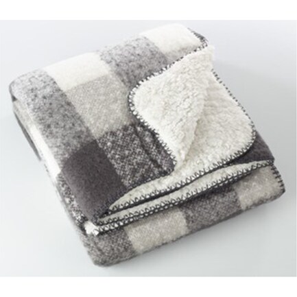 Light Grey Plaid Faux Mohair and Sherpa Throw 50"W x 60"L