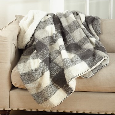 Light Grey Plaid Faux Mohair and Sherpa Throw 50"W x 60"L
