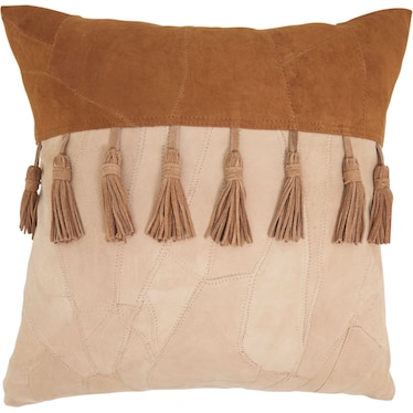 Natural Patchwork Leather Tasseled Poly Pillow 16"W x 16"H