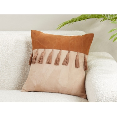 Natural Patchwork Leather Tasseled Poly Pillow 16"W x 16"H