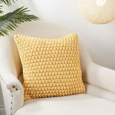 Yellow Crochet Pom-Pom Zippered Down Pillow 20"W x 20"H