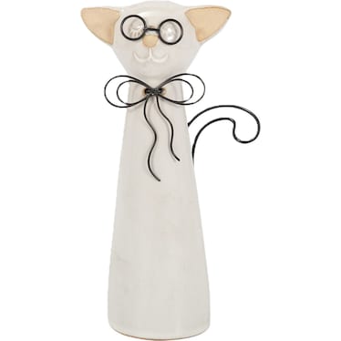 Short Beige Ceramic Cat with Glasses Sculpture 5"W x 8"H