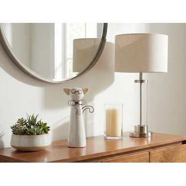 Short Beige Ceramic Cat with Glasses Sculpture 5"W x 8"H