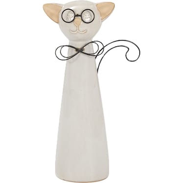 Tall Beige Ceramic Cat with Glasses Sculpture 6"W x 11"H