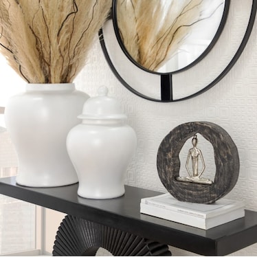 Silver Yoga Lady in Black Wood Circle Décor 11"W x 11"H