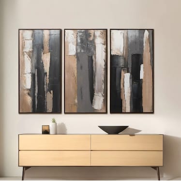 Set of 3 Black, Brown, and Grey Abstract Handpainted Wall Art 20"W x 40"H