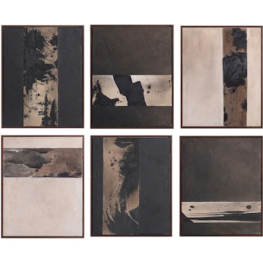Set of 6 Charcoal and Tan Abstract Hand Painted Art 17"W x 20"H