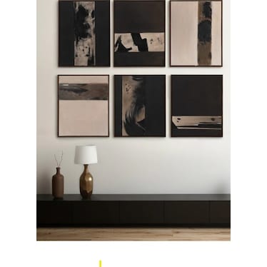 Set of 6 Charcoal and Tan Abstract Handpainted Art 17"W x 20"H