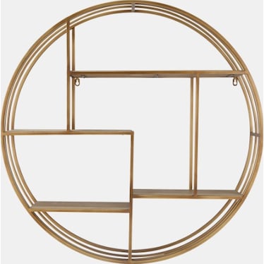 Round Bronze Metal and Wood Wall Shelf 32"H