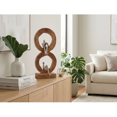 Silver People In 2 Natural Wood Circles Decor 7"W x 17"H