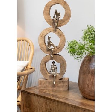 Silver People In 3 Natural Wood Circles Decor 8"W x 22"H