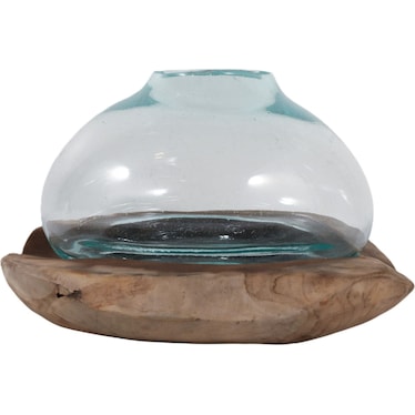 Glass and Teak Wood Vase 20"W x 12"H