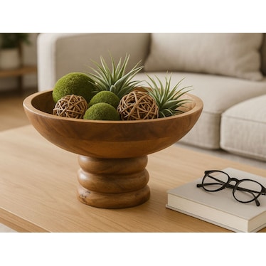 Brown Wood Bowl with Ribbed Base 12"W x 5"H
