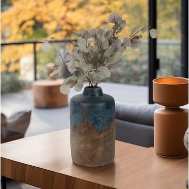 Tall Blue and Brown Terracotta Vase 8"W x 14"H