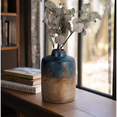Short Blue and Brown Terracotta Vase 8"W x 11.5"H