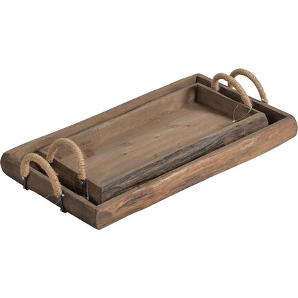 Set of 2 Brown Wood Trays With Rope Covered Handles 20/24"