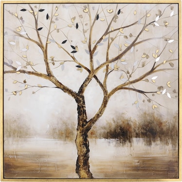Mirrored Leaves Gold Tree Handpainted Canvas 42"W x 42"H