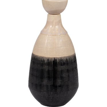 Tall Cream and Black Ceramic Jar with Lid 8"W x 15"H