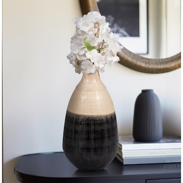 Tall Cream and Black Ceramic Jar with Lid 8"W x 15"H