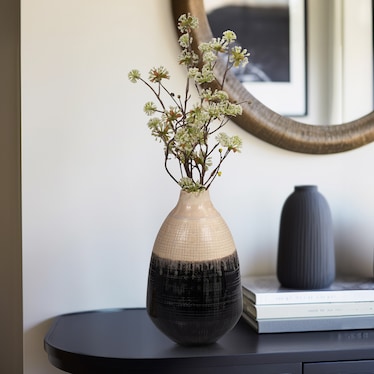 Short Cream and Black Ceramic Jar with Lid 6"W x 12"H