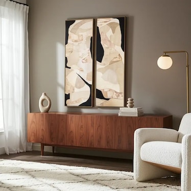 Set of 2 Cream and Black Abstract Hand Painted Wall Art 22"W x 70"H