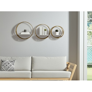Set of 3 Gold Metal with White Wood Round Wall Shelves 6"W x 24"H
