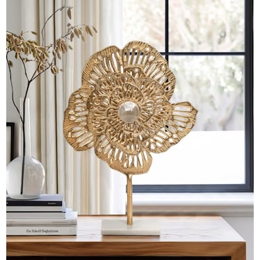 Gold Metal Flower with Glass Center On Base Sculpture 14"W x 20"H