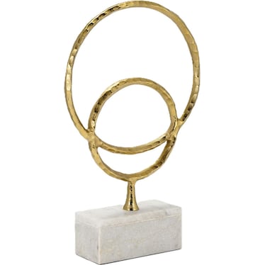 Gold Metal Double Ring On Marble Base Sculpture 13"W x 21"H
