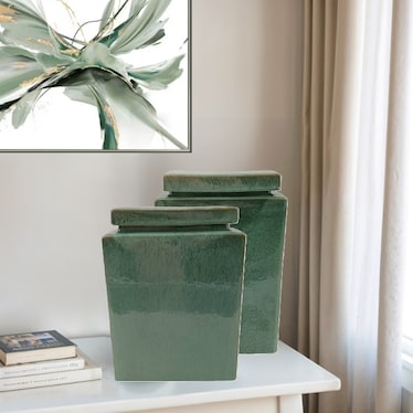 Small Green Ceramic Canister 10"W x 13"H