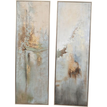 Set of 2 Green and Gold Abstract Hand Painted Wall Art 22"W x 70"H