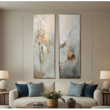 Set of 2 Green and Gold Abstract Hand Painted Wall Art 22"W x 70"H