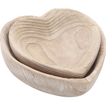 Set of 2 Natural Wood Heart Bowls 9/10"