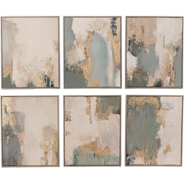 Set of 6 Tan and Green Abstract Hand Painted Art 17"W x 20"H