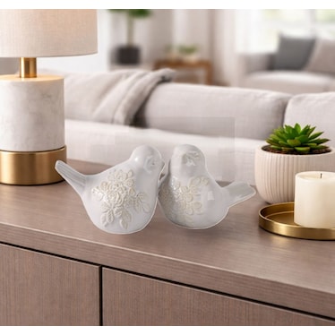 Set of 2 White Ceramic Birds 8"W x 6"H