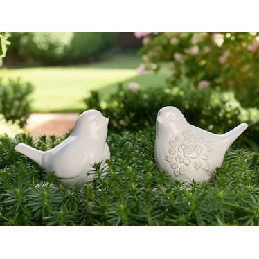Set of 2 White Ceramic Birds 8"W x 6"H