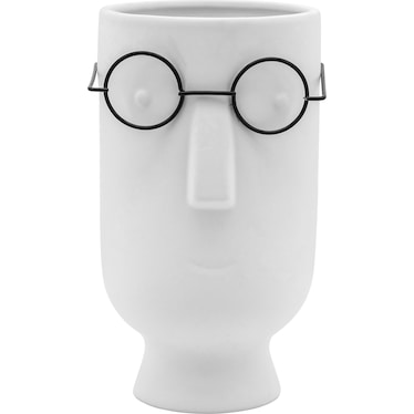 White Ceramic Face with Glasses Vase 5"W x 9"H