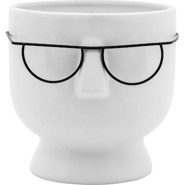 Short White Ceramic Face with Glasses Vase 6"W x 6"H