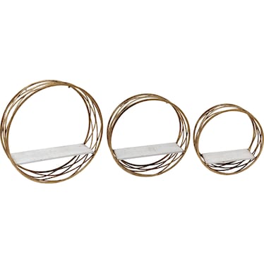Set of 3 Gold Metal with White Wood Round Wall Shelves 6"W x 24"H