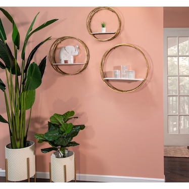 Set of 3 Gold Metal with White Wood Round Wall Shelves 6"W x 24"H