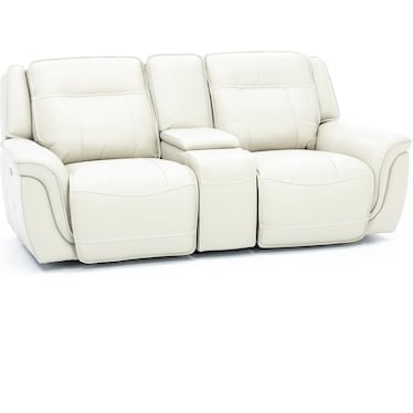 Arthur Leather Power Headrest Reclining Console Loveseat in Ivory