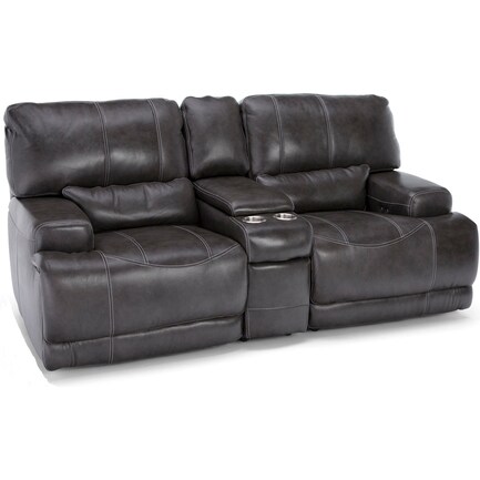 Placier Leather Power Reclining Console Loveseat in Charcoal
