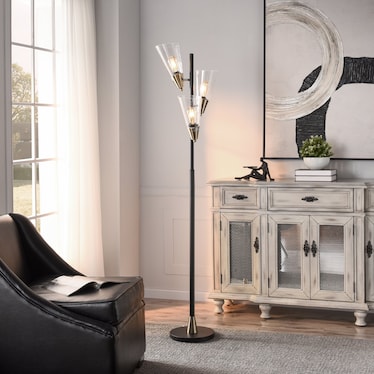 Black and Gold Metal With Glass Shades 3-Light Floor Lamp 71"H