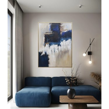 Blue, Cream, and Black Abstract Framed Painting 48"W x 72"H
