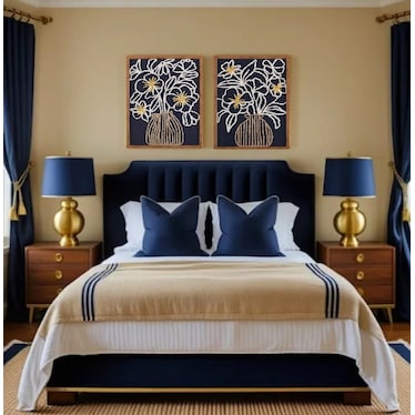 Blue Floral I Framed Textile 20x28"H