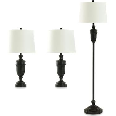 Set of 3 Classic Bronze Lamps - 2 Table Lamps plus 1 Floor Lamp 27"/62"H